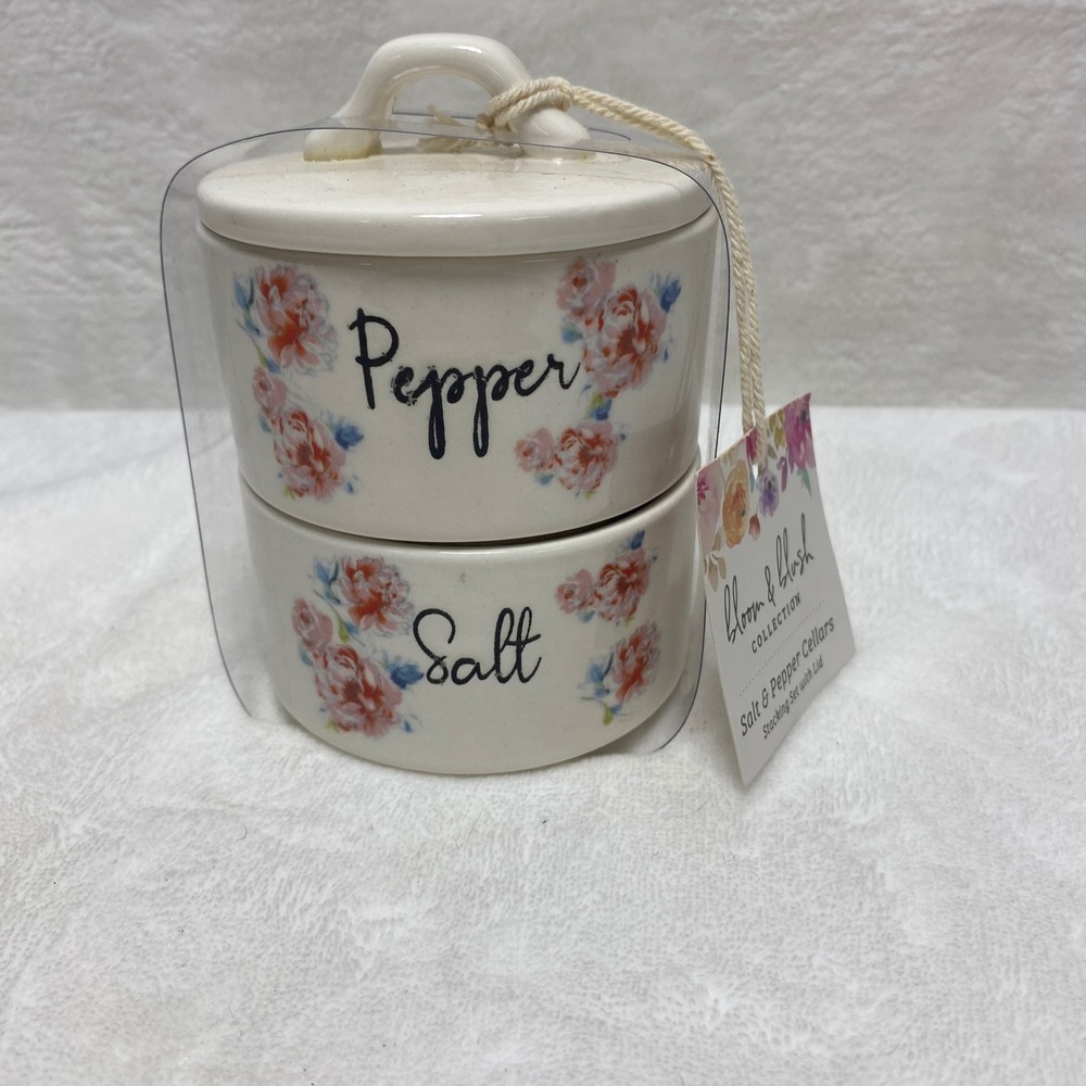 Stackable Salt & Pepper‎ Cellar Ceramic Floral Kitchen Design Christmas Gift New